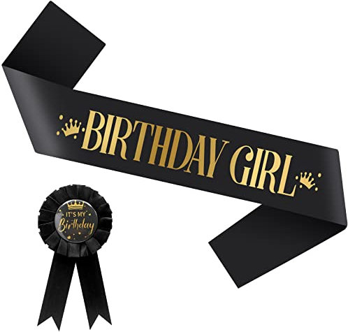 Birthday Girl Sash and Badge, Birthday Sash Party Favour Birthday Accessories with Birthday Badge for Women Girls - Black