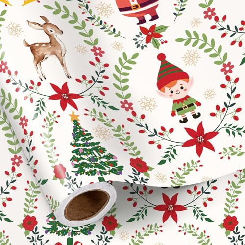 RUSPEPA Rouleau De Papier Cadeau De Noël Pour Garçons Et Filles, Mini Rouleau, Motif Père Noël, Renne, Renne Et Couronne, Papier Cadeau Classique Pour Fête, 43,2Cm X 5M
