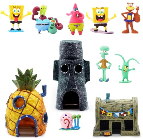 Kayuneed Decoración de acuario, 11 piezas de adorno de resina para pecera, paisaje de piña, casa de peces betta, cuevas acuáticas, accesorios de adorno para pecera de agua dulce y salada