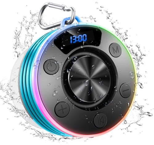 Dyurwa Wasserdichter Bluetooth Duschlautsprecher mit Zeitanzeige, IPX7 Waterproof Shower Speaker, Starker Bass, Saugnapf & Hakenclip, Freisprecheinrichtung, Musikbox für Badezimmer, Strand