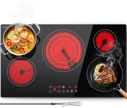 SNDOAS 36 inch Electric Cooktop,5 Burners 9000W Built-in Glass Ceramic Electric Stove Top w/Touch Control,9 Power Levels,Child Lock,Triple-Ring Zone,240V Hardwired for Kitchen Countertop 36