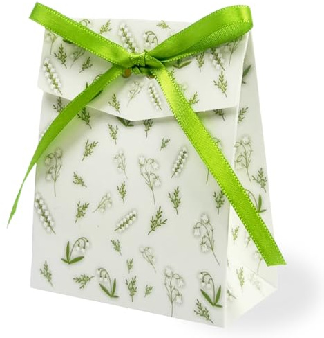 Festa Centro Set da 50 Sacchetti Regalo 10x8x4cm - Confezioni per Bomboniere con Stampa Mughetto e Fiocco Verde - Bustine Eleganti per Confetti, Matrimoni, Battesimi e Feste