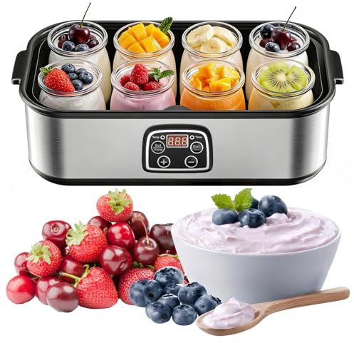Yogurt Maker Machine with 8 Glass Jars, 1400ML Electric Yogurt Maker, LED Display, Adjustable Timer & Precise Temperature for Making Organic Yogurt, Natto, Healthy Homemade Desserts