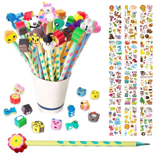 ZOCONE 30 Piezas Divertidos Lapices Niños con 30 Goma de Borrar, Tapas de Animales y Pegatinas, Pack Lápices Cumpleaños Detalles Lapices Infantiles Regalo Colegio