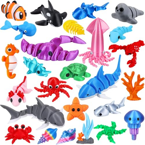 26PCS 3D Printed Animal Figurines for Kids Sea Animals 3D Printed Toys | Flexible Articulated Fidget Toys for Party Favors Office Desktop Home Decoration and Classroom Prize Rewards