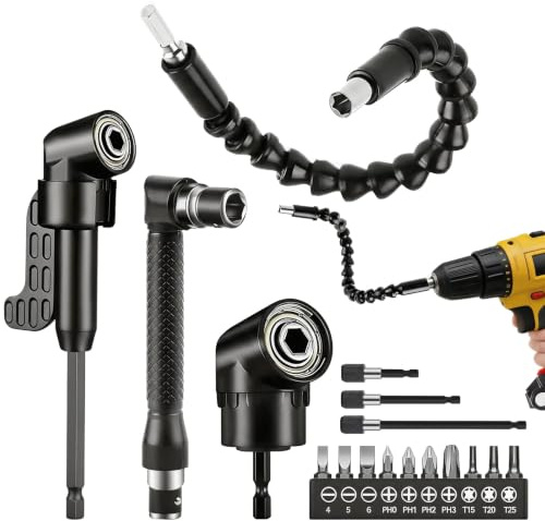 17 Pièces Renvoi d'Angle Visseuse, Embouts Renvoi d'Angle 105° | pour Perceuse Visseuse, Adaptateur d'Angle avec Arbre Flexible, Embout Visseuse Outil Multifonction