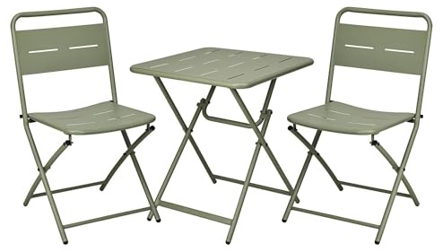 Conjunto Mesa y sillas Jardin terraza Exterior, Plegable: Set Bistro 3Pzs Acero Verde Mate (Mesa 60x60cm + 2 Sillas Plegables) Estructura con Recubrimiento en Polvo-Conjunto Jardín, Terraza y Balcón
