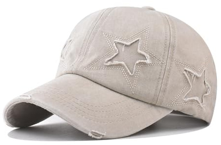 Vintage Distressed Washed Baseball Cap with Ripped Holes & Star Embroidery - Unisex Adjustable Cotton Hat for Outdoor Sports, Hiking, Golf, Tennis and Casual Streetwear Style (Beige)