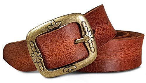 ROYALZ Vintage Ceinture en Cuir de Buffle pour Dames 38mm - Ceinture en Jeans Pleine Fleur à Découper, Taille:105, Couleur:Marron Cognac - Boucle Antik-Floral