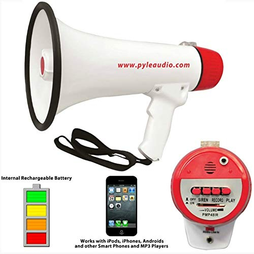Pyle PMP48IR megaphon 40 watt max mit Sirene und stimmlicher Aufnahme 10 Sekunden hörbar bis 900 Meter Batterie Lithium zu lasten wiedergehenden zugang 3,5 mm aux in weißes und rotes 1 stück