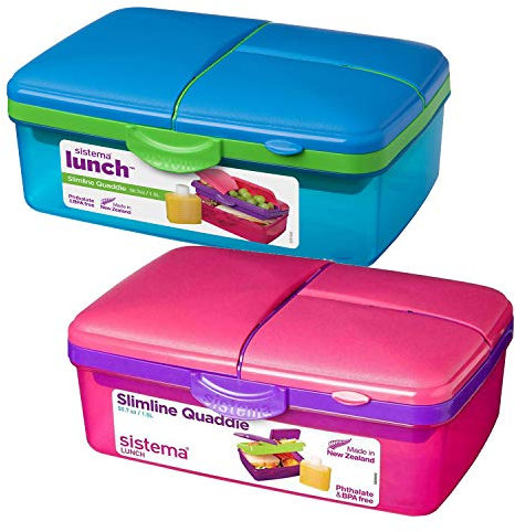 Sistema 1.5L 1.5 Litre 50.7oz Slimline Quaddie Lunchbox - Pink & Blue, Set of 2 - Phthalate & BPA Free.