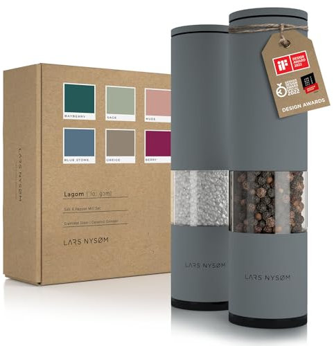 LARS NYSØM Salz und Pfeffer Mühle 2er Set Manuell mit einstellbarem Keramik-Mahlwerk von grob bis fein I Design Gewürzmühlenset (2 Stück) (Ash Gray)