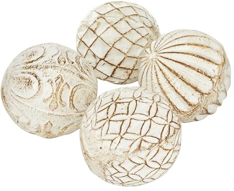Deco 79 Ceramic Handmade Carved Decorative Ball Orbs & Vase Filler with Varying Patterns, Set of 4 4W, 4H, White