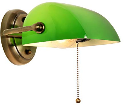 FIRVRE Wandleuchte Vintage mit Zugschalter, Wandlampe Retro E27 mit Banker's Glass, Lampenschirm Drehbar, für Wohnzimmer flur Treppenhaus Kopfteil-Einzelpackung