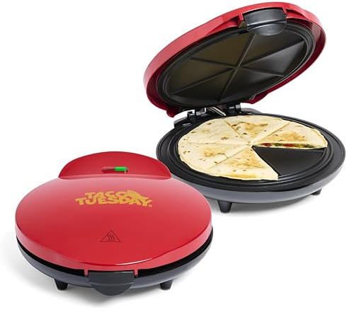 Taco Tuesday Deluxe 10-inch 6-Wedge Electric Quesadilla Maker with Extra Stuffing Latch, Red