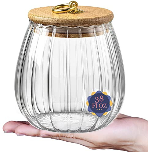 Galazzz 38 FL OZ Glass Jars with Bamboo Lids, Airtight Storage Containers, Large Candy Jars for Coffee Nuts Cookies, Decorative Glass Canister, 1130ml Oval
