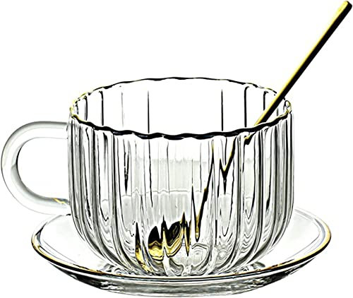 KKGUD Kaffeetasse aus Glas in Kürbisform mit Untertasse und Löffel, 420 ml, Teetasse aus Glas mit Goldrand