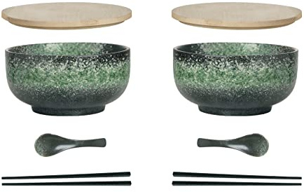 Cteahrow Bol à ramen en céramique 2 ensembles (8 pièces) avec baguettes cuillère, grand bol à soupe 1100 ML, bols à salade pour soupe, pho et bol à sushi (Ensemble bol vert 2)