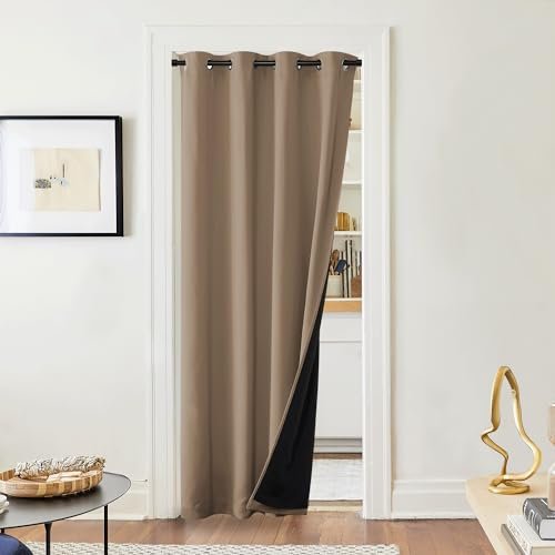 PONY DANCE Wärmeschutzvorhang Tür Vorhang Blickdicht 1 Stück H 220 x B 140 cm Lichtundurchlässige Gardinen mit Ösen Dicker und Schwerer Vorhang Hitzeschutz Thermogardine, Cappuccino
