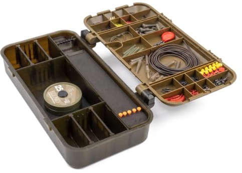Mixed Grill Loaded Tackle Box - Carp Fishing Terminal Tackle Kit with Hooks, Swivels, Tubing, Braid & Rig Components - Olive Green Organiser Case