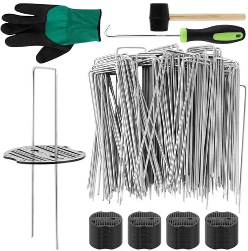 MIVIDE Lot de 100 Piquets de Fixation pour Jardin 150 x 35 mm + 100 Disques Tampons, Ø 2.2mm Piquets de Fixation en Acier Galvanisé Forme de U pour Toiles de Paillages, Filets