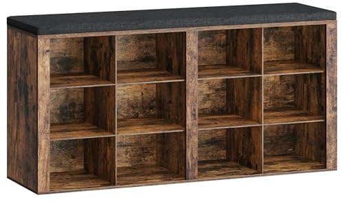 Hzuaneri Shoe Storage Bench with Padded Seat, 12 Open Compartments | Rustic Brown, Shoe Rack Bench with Adjustable Shelves, Shoes Cabinet with Cushion for Hallway, Living Room, Bedroom SB19001GY