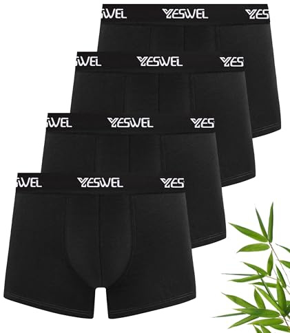 YESWEL Mens Boxers, Bamboo Boxer Shorts Multipack of 4, Anti Chafing Underwear, Moisture Wicking Breathable Underpants, No Itchy Labels Pants Trunks (4x Black, M)