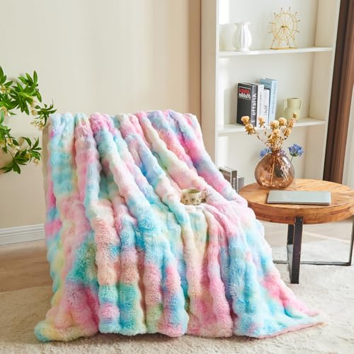 STYHO Rainbow Plush Blanket Throws for Sofa Bed, Soft Fluffy Pink Blue Rabbit Faux Fur Blanket, Warm Cozy Colorful Tie Dye Fuzzy Fleece Bed Throw for All Seasons(Pink Blue, 130 * 160cm)