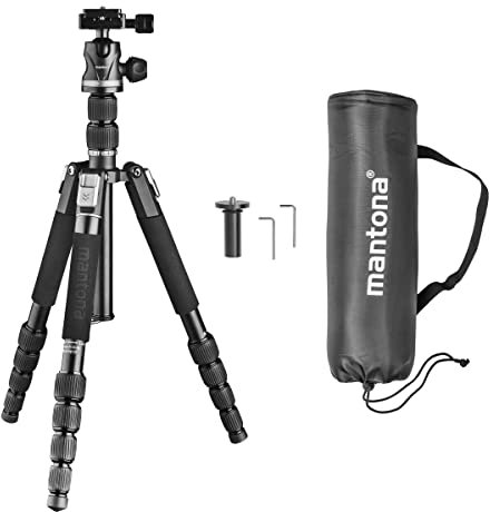 Mantona DSLM Travel Evolution 2252-RA Reisestativ, Kamerastativ bis 147 cm, belastbar bis 8 kg, Dreibein- und Einbeinstativ, Stativ mit Kugelkopf und Schnellwechselplatte