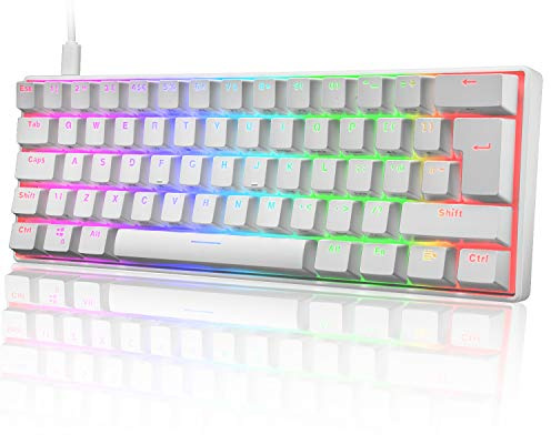 UK Layout 60% True Mechanical Gaming Keyboard Type C Wired 62 Keys LED Backlit USB Waterproof Keyboard 14 Chroma RGB Backlight Full Anti-ghosting Keys for Computer/PC/Laptop/MAC (White/Blue Switch)