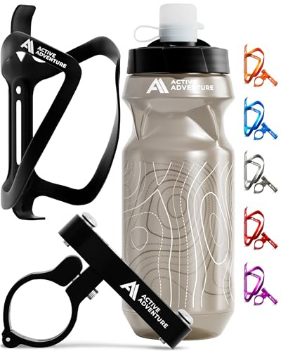 Bike Water Bottle Holder Combo - 20 Oz Squeeze Bottle & Bicycle Mount Cage Rack, No Screws Needed, Durable Alloy - Fits All Handlebar Bikes & MTB Mountain Road - for Adults, Kids (Black)