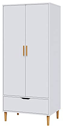 Panana Large Wooden 2 Door Wardrobe with Wood Legs Wardrobes Clothes Closet Storage Organiser with Drawer and Hanging Rail Home Bedroom 180x78x55cm White