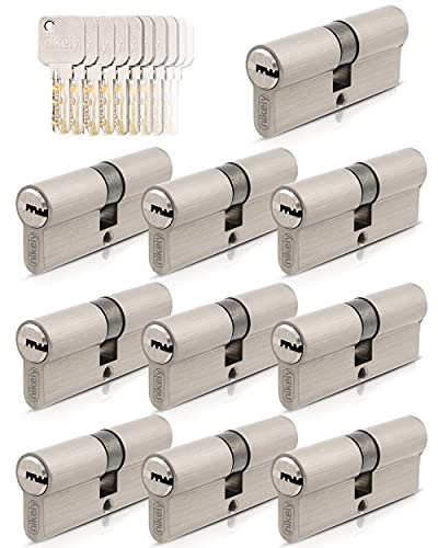 GERCAR Pro 10 cilindros de cierre 30/30 con cierre uniforme, juego de 10 cilindros de perfil, incluye 50 llaves, cerradura de puerta de 60 mm, 10 cilindros – Longitud: 60 mm, A: 30 B: 30 – Latón mate