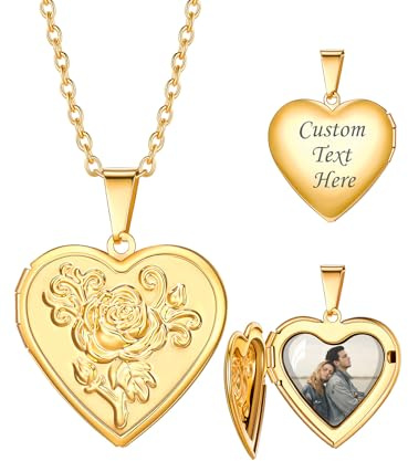Custom4U Collana con cuore inciso per catena fotografica personalizzata con medaglione d'oro da donna