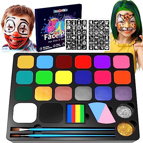 FansArriche Kinderschminke Set - 20 Farben, Schminkfarben für Kinder, Gesichtsfarben, Körperfarbe Kinder, Waschbare Malpalette, Glitzer, Edelsteine, Set für Halloween, Partys, Festivals