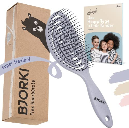 BJORKI® Kinder-Haarbürste ohne Ziepen inkl. lehrreichen Bürsten 1x1 - Profi Detangler Bürste mit flexibler Spiralfeder, Unsere Entwirrbürste für Kinder gegen Knoten und Spliss (Cloud)