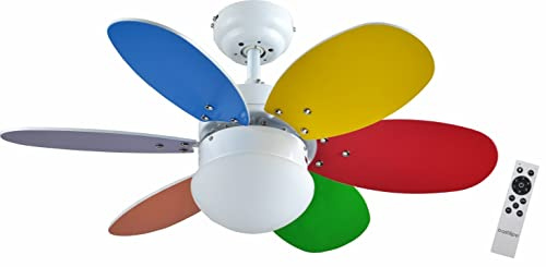 Bastilipo - Ventilador de techo con motor DC, mando a distancia, 75cm, 6 aspas, multicolor/blanco, luz LED 3 tonos, BOLONIA DC
