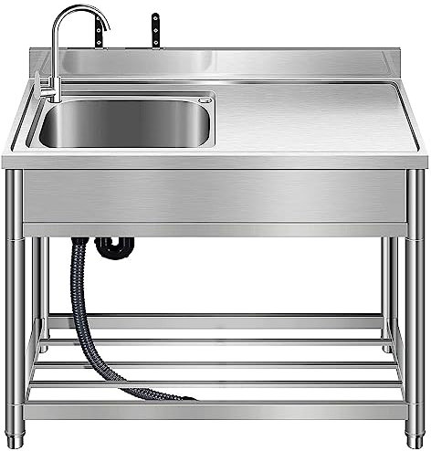 Lavello da cucina commerciale autoportante in acciaio inox a vasca singola, lavello da esterno con tubo dell'acqua fredda per lavaggio a mano, lavabo con banco da lavoro e ripiani portaoggetti, 100 cm