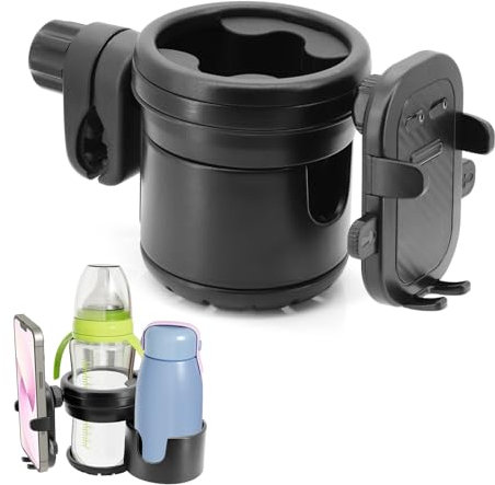 Getränkehalter Kinderwagen, 3 in1 Becherhalter mit Telefonhalter, 360° Drehbarer Flaschenhalter für Trinkflaschen Nuckelflaschen, Universal Becherhalter Kaffeehalter für Buggy Rollstuhl Fahrrad