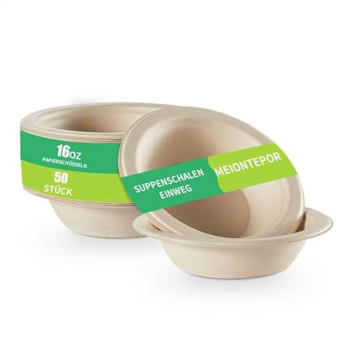100 Stück Suppenschalen Einweg, 12/16 oz Suppenteller Einweg, Biologisch Abbaubar und Kompostierbar, Einweggeschirr Papierteller Pommesschalen für Party und Picknicks (Braun, 16 oz--50 Stück)