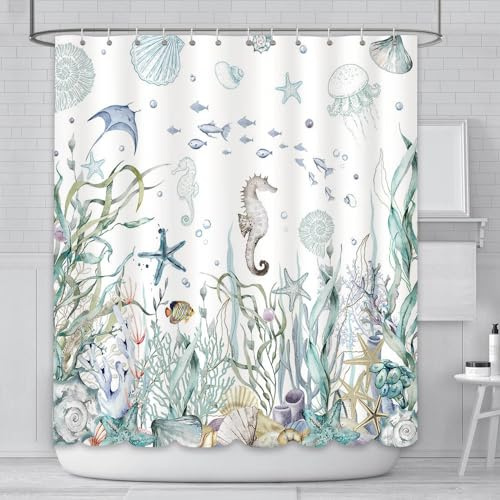 AIBIIN Duschvorhang mit Meeresmotiven, Motiv: Seestern, Muscheln, Dekor-Muster für Badezimmer, wasserdicht, strapazierfähiges Polyester-Material mit 12 Haken, 180 x 180 cm
