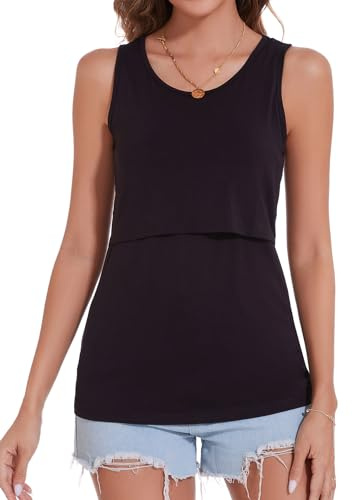 Sosolism Top da Allattamento Senza Maniche Estate con Scollatura a U Maglietta Casual per Poppata e Tiraggio per Donne Nero, X-L