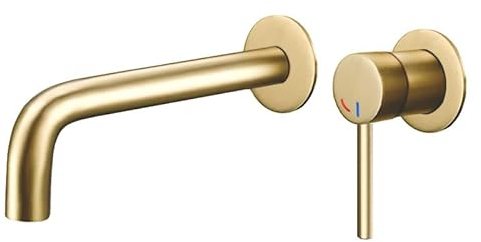 VALAZ Robinet Salle Bain Mural | Mitigeur Lavabo, Ouverture à Froid, Mélangeur Eau Froide et Chaude, Pas de Fuites, Installation Facile | Laiton, Inoxydable, Rond, Doré Brossé Or Mat, Série Selva