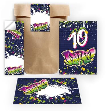 12 Einladungskarten zum 10. Kindergeburtstag Einladung Set Geburtstag Mädchen Kinder Jungs Jungen Boys Geschenktüte inkl. 12 Umschläge, 12 Tüten, 12 Aufkleber Graffiti Jugendstill modern bunt neon