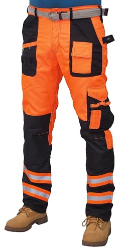 HASHOOB TRADING FZE Men’s Hi Vis Trousers High Visibility Mens Work Trousers Multi Pocket Workwear Pants (T2HV-OR1, 32W X 30L) Orange