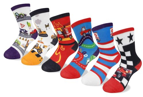 Queenshin 6 Pares Calcetines Niño Infantiles Camión de Obras Bomberos Coche de Carreras Colorido Calcetín Crew Suave Regalos 9-14 años Tamaño 32-38