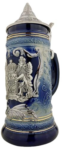 Crecontino Bierkrug mit Deckel Bayern Bierseidel Steinkrug mit Spitzdeckel Bavaria Beer Stein Mug Geschenk für Vater Männer Bayern-Fans 0,7L (Blau)