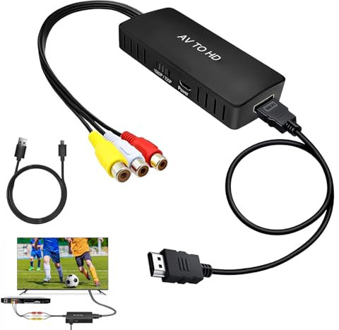 Convertitore da RCA a HDMI 1080P, adattatore composito CVBS da 3 RCA a HDMI con cavo di ricarica USB, supporto PAL/NTSC per TV, Wii, Xbox, STB, VHS, VCR, DVD, PC PS2 - Cavo HDMI incluso