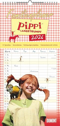 DUMONT - Familienplaner Pippi Langstrumpf 2026 – Familienkalender 22x45 cm – Wandplaner mit 5 Spalten & Ferienterminen, fröhliche Motive aus Astrid Lindgrens Klassiker