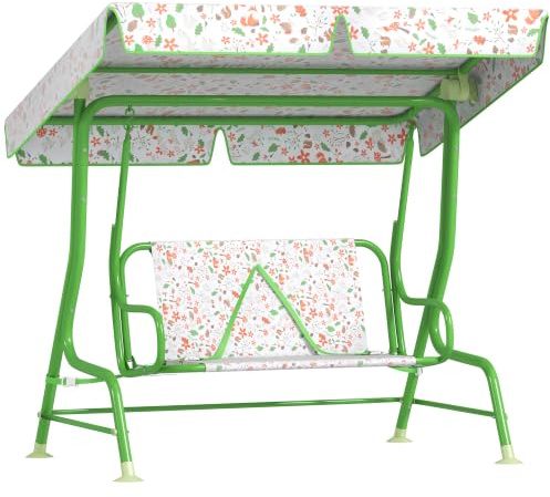 AIYAPLAY Columpio de Jardín Exterior para Niños Toldo 112x75x120 cm Verde | +3 Años, Toldo Ajustable, Balancín de Jardín Exterior, 2 Plazas, Arnés de Seguridad, Estampados Bonitos